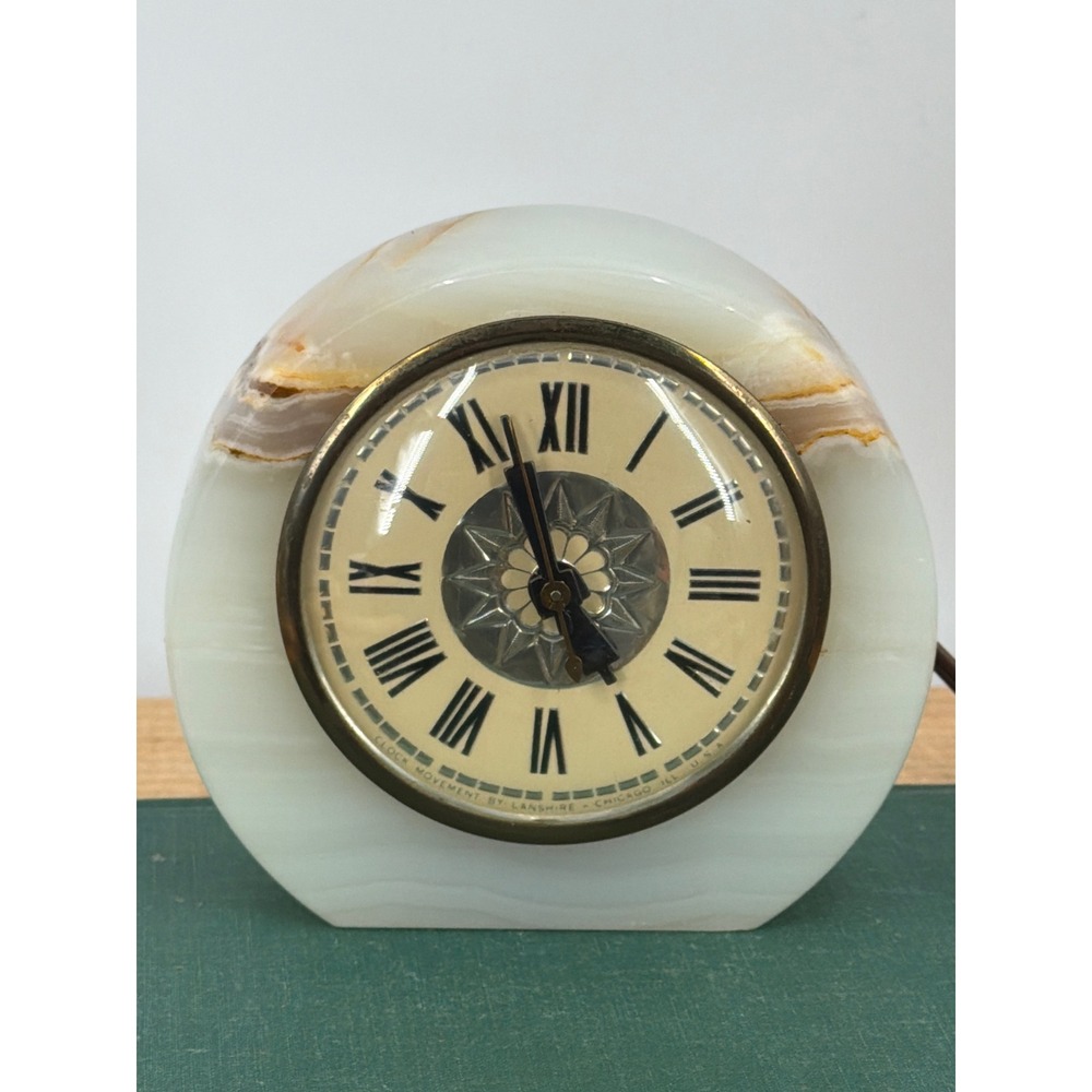 Vtg MCM Lanshire Alabaster Onyx Electric Desk Clock Model T3 Roman Numerals USA